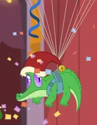 Size: 490x630 | Tagged: alligator, best gift ever, christmas, confetti, cropped, derpibooru import, gummy, hat, hearth's warming shorts, holiday, male, parachute, safe, santa hat, screencap, the great escape room