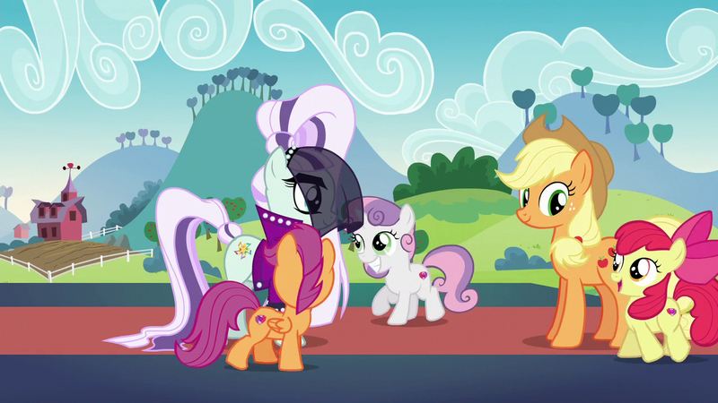 Size: 1280x720 | Tagged: apple bloom, apple bloom's bow, applejack, applejack's hat, barn, bow, coloratura, countess coloratura, cowboy hat, cutie mark, cutie mark crusaders, derpibooru import, hair bow, hat, safe, scootaloo, screencap, stage, stetson, sweet apple acres, sweetie belle, the cmc's cutie marks, the mane attraction, tree