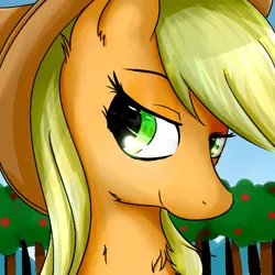 Size: 500x500 | Tagged: safe, artist:dashy21, derpibooru import, applejack, earth pony, pony, apple, apple tree, applejack's hat, bust, cowboy hat, female, hat, mare, portrait, smiling, solo, tree