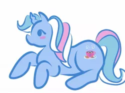 Size: 1280x953 | Tagged: safe, artist:brokenjuniperart, derpibooru import, marshmallow coco (g3), pony, unicorn, female, g3, lying down, race swap