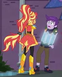 Size: 479x597 | Tagged: safe, derpibooru import, screencap, jewelry thief (character), sunset shimmer, equestria girls, equestria girls series, super squad goals, clothes, cropped, crystal games, female, male, pants, ponied up, shoes, sneakers, tied up