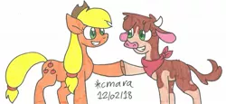 Size: 1516x695 | Tagged: safe, artist:cmara, derpibooru import, applejack, arizona cow, cow, earth pony, pony, them's fightin' herds, bandana, cloven hooves, community related, cowboy hat, crossover, female, hat, hoofbump, marker drawing, simple background, traditional art, white background