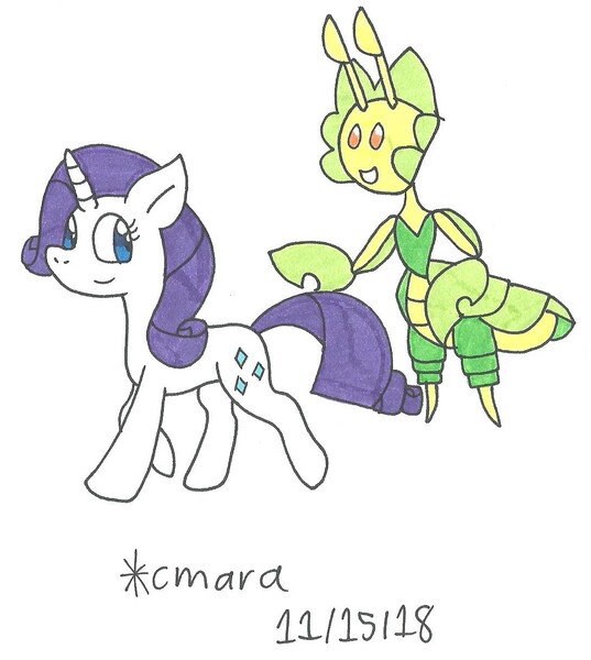 Size: 1086x1214 | Tagged: artist:cmara, crossover, derpibooru import, leavanny, pokémon, rarity, safe, traditional art