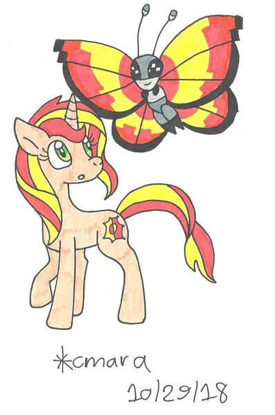 Size: 898x1357 | Tagged: artist:cmara, crossover, derpibooru import, pokémon, safe, sunset shimmer, traditional art, vivillon