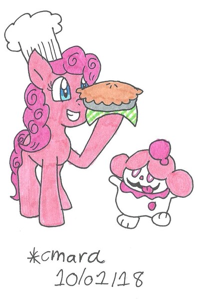 Size: 744x1125 | Tagged: artist:cmara, crossover, derpibooru import, food, pie, pinkie pie, pokémon, safe, slurpuff, traditional art