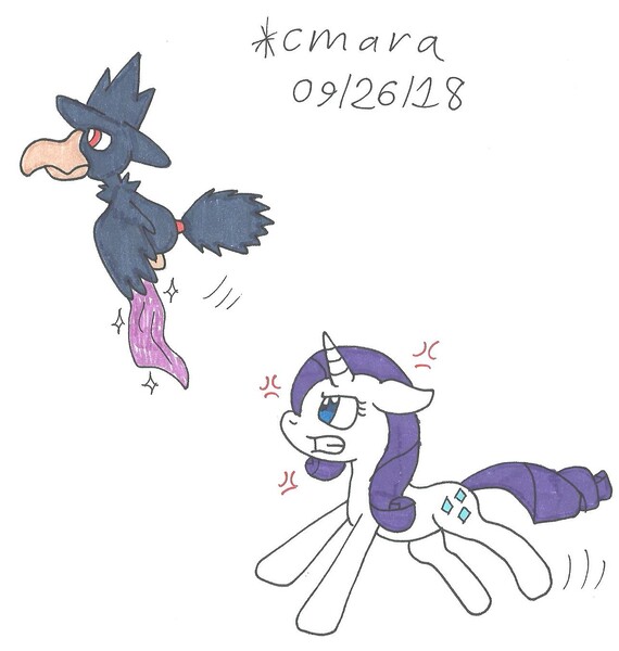 Size: 1290x1357 | Tagged: artist:cmara, bird, crossover, crow, derpibooru import, murkrow, pokémon, rarity, safe, traditional art