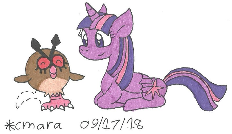 Size: 1157x673 | Tagged: alicorn, artist:cmara, crossover, derpibooru import, hoothoot, pokémon, safe, traditional art, twilight sparkle, twilight sparkle (alicorn)