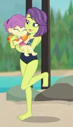 Size: 261x451 | Tagged: safe, derpibooru import, screencap, victoria, water lily (equestria girls), equestria girls, equestria girls series, turf war, background human, barefoot, clothes, cropped, cute, daaaaaaaaaaaw, feet, female, legs, mother and child, mother and daughter, swimsuit