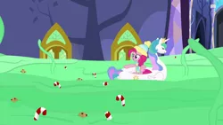 Size: 1280x720 | Tagged: best gift ever, candy, candy cane, derpibooru import, food, pinkie pie, pool toy, princess celestia, pudding, puddinghead's pudding, safe, screencap, swanlestia