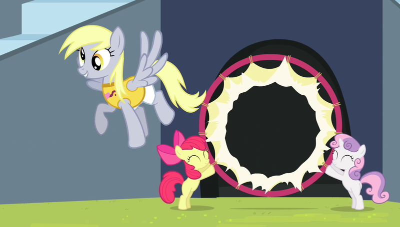 Size: 1266x720 | Tagged: safe, derpibooru import, screencap, apple bloom, derpy hooves, scootaloo, sweetie belle, earth pony, pegasus, pony, unicorn, equestria games (episode), apple bloom's bow, bow, cutie mark crusaders, equestria games, female, flying, hair bow, hoop, mare