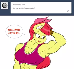 Size: 1280x1185 | Tagged: safe, artist:matchstickman, derpibooru import, apple bloom, anthro, earth pony, tumblr:where the apple blossoms, abs, apple bloom's bow, apple brawn, armpits, biceps, bow, breasts, busty apple bloom, clothes, comic, deltoids, dialogue, female, fingerless gloves, gloves, hair bow, image, looking sideways, matchstickman's apple brawn series, muscles, older, older apple bloom, png, simple background, solo, speech bubble, talking to viewer, triceps, tumblr comic, white background