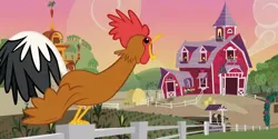 Size: 600x300 | Tagged: safe, derpibooru import, screencap, bird, apple family reunion, applejack's house, beak, crowing, forced perspective, giant cock, image, morning, open beak, open mouth, png, rooster, solo, sweet apple acres