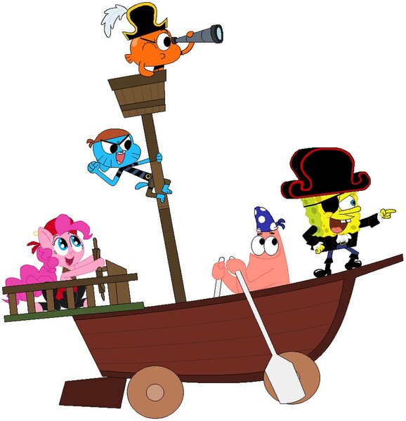 Size: 878x911 | Tagged: safe, artist:blackrobtheruthless, derpibooru import, pinkie pie, arrgh!, crossover, darwin watterson, gumball watterson, image, jpeg, patrick star, pirate, spongebob squarepants, spongebob squarepants (character), the amazing world of gumball