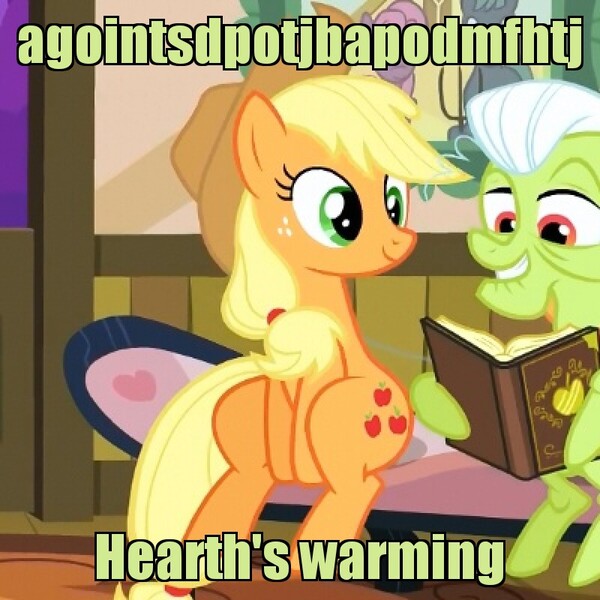 Size: 800x800 | Tagged: safe, derpibooru import, edit, edited screencap, screencap, applejack, granny smith, earth pony, pony, apple family reunion, book, caption, cropped, duo, female, hearth's warming, image macro, mare, rapsittie street kids: believe in santa, reading, sitting, sitting up, text