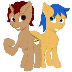 Size: 2200x2200 | Tagged: safe, artist:markcupfisher, derpibooru import, oc, oc:markcup&kevinteacup, unofficial characters only, pegasus, pony, unicorn, 2019 community collab, derpibooru community collaboration, male, simple background, transparent background