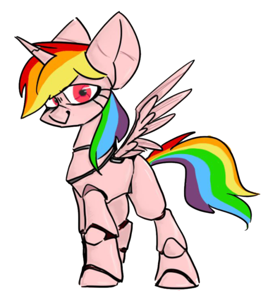 Size: 750x779 | Tagged: safe, artist:咕咕莲, derpibooru import, oc, oc:rainbow.s.h.y., unofficial characters only, pony, robot, robot pony, unicorn, 2019 community collab, derpibooru community collaboration, simple background, solo, transparent background