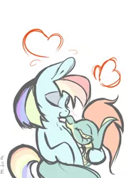 Size: 1254x1771 | Tagged: safe, derpibooru import, rainbow dash, tianhuo, dragon, hybrid, longma, pony, them's fightin' herds, boop, community related, crossover, crossover shipping, eyes closed, female, heart, interspecies, kissing, lesbian, mare, noseboop, shipping, simple background, smiling, tiandash