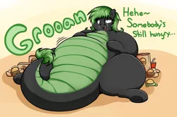 Size: 1280x849 | Tagged: safe, artist:graphenescloset, derpibooru import, oc, oc:emilia 'emmy' emberseed, dracony, dragon, hybrid, pony, belly, big belly, burger, chubby, fast food, fat, food, huge belly, messy eating, morbidly obese, obese, on back, open mouth, overeating, soda, stomach noise, stuffed, stuffed belly, stuffing, that pony sure does love eating