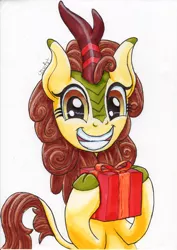 Size: 1536x2172 | Tagged: safe, artist:stewart501st, derpibooru import, autumn blaze, kirin, sounds of silence, awwtumn blaze, cloven hooves, cute, female, grin, hearth's warming, holiday, hoof hold, kirinbetes, looking at you, present, simple background, smiling, solo, squee, white background