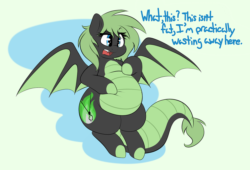 Size: 1280x872 | Tagged: safe, artist:graphenescloset, derpibooru import, oc, oc:emilia 'emmy' emberseed, unofficial characters only, dracony, dragon, hybrid, pony, adorafatty, belly, belly grab, big belly, blatant lies, chubby, cute, denial, fat, flying, hoof on belly, lies, open mouth, plump, solo