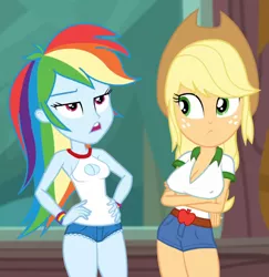 Size: 607x625 | Tagged: suggestive, derpibooru import, edit, edited screencap, editor:mlp-gft, screencap, applejack, rainbow dash, equestria girls, legend of everfree, applejack's hat, big breasts, breast edit, breasts, cleavage, clothes, cowboy hat, daisy dukes, duo, duo female, erect nipples, female, hat, nipple outline, shorts