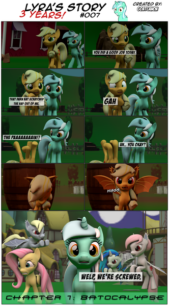 Size: 3929x7104 | Tagged: safe, artist:goatcanon, derpibooru import, applejack, derpy hooves, fluttershy, lyra heartstrings, nurse redheart, vinyl scratch, bat pony, comic:lyra's story, 3d, bat ponified, comic, derpybat, dialogue, ponyville, race swap, source filmmaker, sweet apple acres, transformation