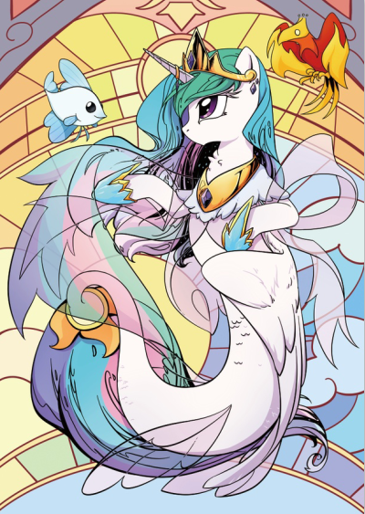 Size: 400x563 | Tagged: safe, artist:yukandasama, derpibooru import, philomena, princess celestia, alicorn, angelfish, fish, phoenix, pony, seapony (g4), spoiler:comic, female, mare, seaponified, seapony celestia, species swap, stained glass