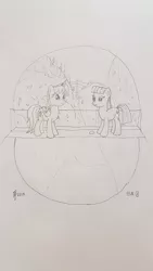 Size: 2268x4032 | Tagged: safe, artist:parclytaxel, derpibooru import, boulder (pet), maud pie, oc, oc:parcly taxel, alicorn, earth pony, pony, ain't never had friends like us, albumin flask, parcly taxel in japan, alicorn oc, female, horn, japan, kiyotsu gorge, lineart, mare, monochrome, mountain, pencil drawing, reflection, story included, traditional art, wings
