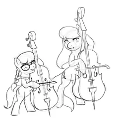 Size: 1280x1325 | Tagged: safe, artist:ronniesponies, derpibooru import, octavia melody, silver spoon, earth pony, pony, bipedal, black and white, bow (instrument), cello, duo, female, filly, grayscale, hoof hold, lineart, mare, monochrome, musical instrument, simple background, white background