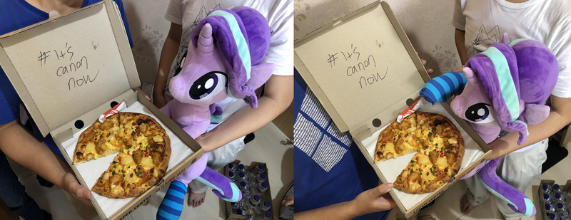 Size: 2333x900 | Tagged: safe, artist:nekokevin, derpibooru import, starlight glimmer, human, pony, unicorn, series:nekokevin's glimmy, clothes, female, food, holding, irl, irl human, mare, offscreen character, photo, pineapple pizza, pizza, pizza box, plushie, pure unfiltered evil, smiling, socks, striped socks, that pony sure does love pineapple pizza