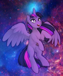 Size: 500x605 | Tagged: safe, artist:ronniesponies, derpibooru import, twilight sparkle, twilight sparkle (alicorn), alicorn, pony, female, mare, missing cutie mark, solo, space, spread wings, wings, zoom layer