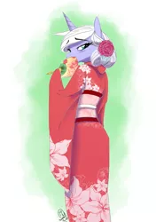 Size: 642x913 | Tagged: safe, artist:basykail, derpibooru import, oc, oc:white blade, unofficial characters only, anthro, unicorn, anthro oc, clothes, female, flower, flower in hair, image, kimono (clothing), looking at you, looking back, looking back at you, png, solo