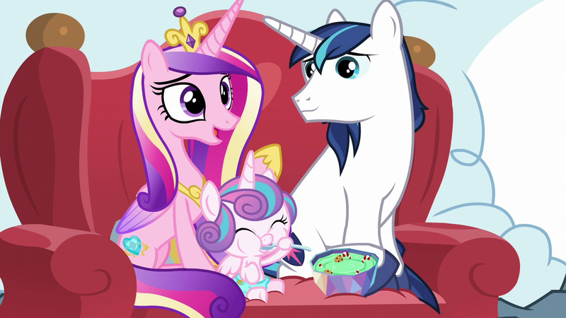Size: 1280x720 | Tagged: best gift ever, derpibooru import, eating, food, princess cadance, princess flurry heart, pudding, puddinghead's pudding, safe, screencap, shining armor, spoon