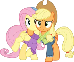 Size: 3598x3000 | Tagged: safe, artist:sollace, derpibooru import, applejack, fluttershy, earth pony, pegasus, pony, best gift ever, .svg available, :t, applejack's hat, clothes, cowboy hat, cute, duo, face smoosh, hat, hug, looking at you, raised leg, scarf, simple background, smiling, sweater, transparent background, vector