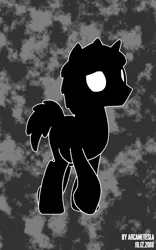 Size: 562x900 | Tagged: safe, artist:arcanetesla, derpibooru import, oc, oc:arcane tesla, unofficial characters only, pony, unicorn, bedroom eyes, beholder(game), crossover, digital art, glowing eyes, gradient background, gray background, looking at you, male, missing cutie mark, monochrome, raised hoof, sad, silhouette, simple background, solo, stallion, vector, video game crossover, white eyes, worried