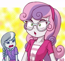 Size: 800x747 | Tagged: safe, artist:uotapo, derpibooru import, silver spoon, sweetie belle, equestria girls, accessory theft, can't see shit, clothes, cute, female, glasses, hairband, jewelry, necklace, shirt, skirt, spoon, squint