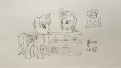 Size: 4032x2268 | Tagged: safe, artist:parclytaxel, derpibooru import, lyra heartstrings, oc, oc:parcly taxel, alicorn, pony, unicorn, ain't never had friends like us, albumin flask, parcly taxel in japan, alicorn oc, bag, display case, female, horn, issey miyake, japan, levitation, lineart, magic, mare, marunouchi, monochrome, pencil drawing, raised hoof, smiling, story included, telekinesis, tokyo, traditional art, wings