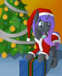 Size: 1999x2480 | Tagged: safe, artist:settop, derpibooru import, oc, oc:viciz, changeling, changeling oc, christmas, christmas changeling, female, hearth's warming tree, holiday, mare, potion, present, purple changeling, smiling, tree