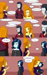 Size: 2000x3200 | Tagged: safe, artist:jake heritagu, derpibooru import, adagio dazzle, chancellor neighsay, oc, oc:dolly dusk, comic:aria's archives, equestria girls, adoragio, beard, clothes, comic, cute, dialogue, dress, equestria girls-ified, facial hair, female, hug, male, mamadagio, parent:chancellor neighsay, speech bubble, squee