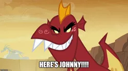 Size: 890x500 | Tagged: caption, derpibooru import, dragon, edit, edited screencap, eyebrows, fangs, garble, grin, here's johnny, image macro, jack nicholson, meme, safe, screencap, smiling, text, the shining