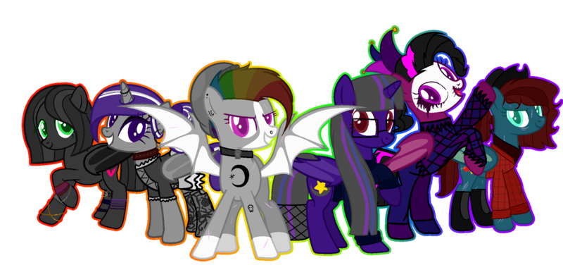 Size: 1280x602 | Tagged: safe, artist:kookiebeatz, artist:meimisuki, derpibooru import, oc, oc:after-party, oc:dusk's light, oc:midnight harvest (ice1517), oc:monochrome rainbow, oc:nightingale (ice1517), oc:quiet sanctuary, unofficial characters only, alicorn, bat pony, bat pony alicorn, pony, alicorn oc, anklet, bandana, base used, bat pony oc, bat wings, beanie, blaze (coat marking), boots, bracelet, choker, clothes, cowboy hat, cut, dress, ear piercing, earring, face paint, face tattoo, female, flannel, glasses, goth, group, harlequin, harlequin jester, hat, horn, horn ring, jester, jester hat, jewelry, jumper, makeup, mare, multicolored hair, nose piercing, nose ring, open mouth, piercing, ponytail, rainbow hair, raised hoof, ring, scar, shoes, simple background, smiling, socks, solo, spiked choker, stockings, sweater, tattoo, teeth, thigh highs, transparent background, wall of tags, wings, wristband