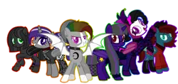 Size: 1280x602 | Tagged: safe, artist:kookiebeatz, artist:meimisuki, derpibooru import, oc, oc:after-party, oc:dusk's light, oc:midnight harvest (ice1517), oc:monochrome rainbow, oc:nightingale (ice1517), oc:quiet sanctuary, unofficial characters only, alicorn, bat pony, bat pony alicorn, pony, alicorn oc, anklet, bandana, base used, bat pony oc, bat wings, beanie, blaze (coat marking), boots, bracelet, choker, clothes, cowboy hat, cut, dress, ear piercing, earring, face paint, face tattoo, female, flannel, glasses, goth, group, harlequin, harlequin jester, hat, horn, horn ring, jester, jester hat, jewelry, jumper, makeup, mare, multicolored hair, nose piercing, nose ring, open mouth, piercing, ponytail, rainbow hair, raised hoof, ring, scar, shoes, simple background, smiling, socks, solo, spiked choker, stockings, sweater, tattoo, teeth, thigh highs, transparent background, wall of tags, wings, wristband