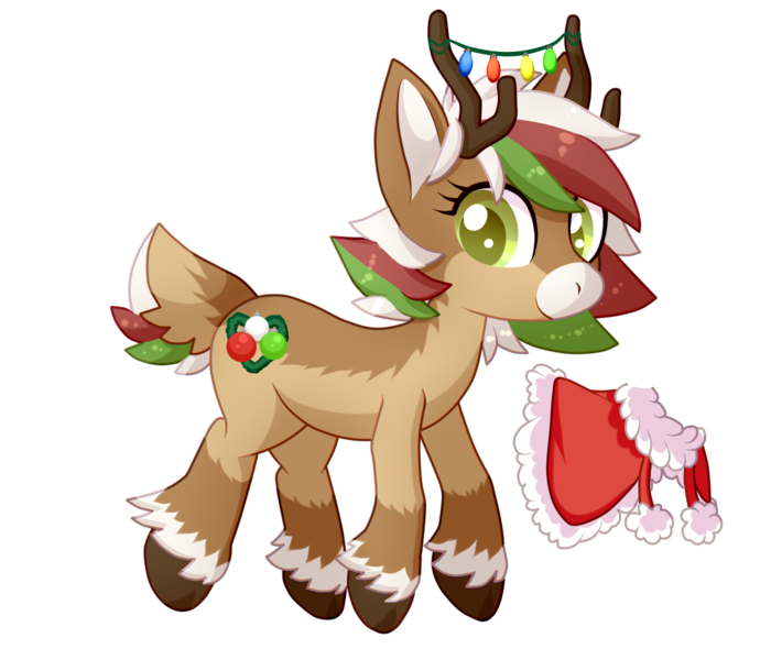 Size: 1400x1200 | Tagged: antlers, artist:chibi-ban, christmas, christmas lights, clothes, coat, deer, deer oc, derpibooru import, female, fluffy, holiday, oc, oc:olive (reindeer), raised hoof, reindeer, safe, simple background, solo, transparent background, unofficial characters only, unshorn fetlocks