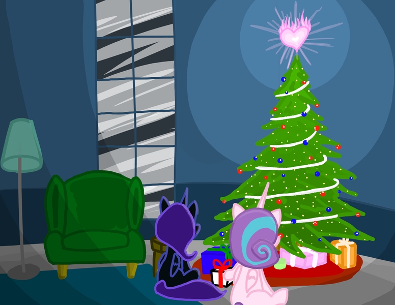 Size: 5500x4250 | Tagged: safe, artist:pegaplex, derpibooru import, princess flurry heart, oc, oc:nyx, alicorn, pony, the hearth's warming club, absurd resolution, blizzard, chair, christmas, christmas tree, cousins, duo, duo female, female, fire of friendship, friends, heart, hearth's warming, hearth's warming tree, holiday, lamp, light, looking at something, looking up, magic, mare, missing cutie mark, non-shipping, older, ponies sitting next to each other, ponies standing next to each other, present, shading, sitting, snow, snowfall, storm, table, tree, window