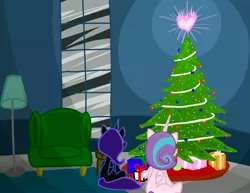 Size: 5500x4250 | Tagged: safe, artist:pegaplex, derpibooru import, princess flurry heart, oc, oc:nyx, alicorn, pony, the hearth's warming club, absurd resolution, blizzard, chair, christmas, christmas tree, cousins, duo, duo female, female, fire of friendship, friends, heart, hearth's warming, hearth's warming tree, holiday, lamp, light, looking at something, looking up, magic, mare, missing cutie mark, non-shipping, older, ponies sitting next to each other, ponies standing next to each other, present, shading, sitting, snow, snowfall, storm, table, tree, window