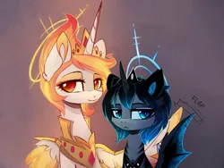 Size: 2067x1554 | Tagged: safe, artist:magnaluna, derpibooru import, princess celestia, princess luna, alicorn, bat pony, bat pony alicorn, elemental pony, pony, :<, alternate design, alternate hairstyle, alternate universe, armor, bat ponified, bat wings, bust, colored pupils, denied, duo, ear fluff, ear tufts, eyeshadow, female, flapping, frown, gradient background, halo, horn, hug, lidded eyes, looking at you, luna is not amused, lunabat, makeup, mane of fire, mare, portrait, race swap, royal sisters, simple background, sitting, slit eyes, smiling, spread wings, unamused, wing fluff, wing hands, wing jewelry, winghug, wings