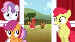 Size: 1280x720 | Tagged: safe, derpibooru import, edit, edited screencap, editor:slayerbvc, screencap, apple bloom, big macintosh, scootaloo, sweetie belle, earth pony, pegasus, pony, unicorn, hearts and hooves day (episode), accessory-less edit, apple, bipedal, bipedal leaning, cutie mark crusaders, female, filly, food, leaning, male, missing accessory, stallion, standing