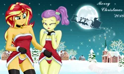 Size: 2964x1776 | Tagged: suggestive, artist:aboimages03, derpibooru import, lily pad (equestria girls), sunset shimmer, deer, reindeer, equestria girls, assisted exposure, bell, bell collar, breasts, christmas, cleavage, clothes, collar, costume, duo, duo female, female, gloves, holiday, moon, older, older lily pad, panties, red underwear, santa claus, santa costume, sexy, sexy santa costume, side ponytail, skirt, skirt lift, smiling, snow, thighs, underwear, winter