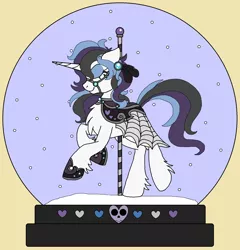 Size: 1848x1928 | Tagged: safe, artist:rosefang16, derpibooru import, oc, oc:sugar skull (angelofthewisp), unofficial characters only, pony, unicorn, carousel, chest fluff, clothes, dress, eyes closed, eyeshadow, female, fluffy, gift art, hoof shoes, makeup, mare, raised hoof, snow, snow globe, solo