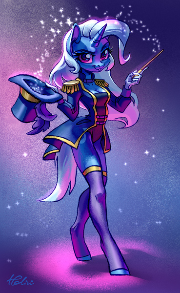 Size: 1780x2894 | Tagged: safe, artist:holivi, derpibooru import, trixie, anthro, unguligrade anthro, unicorn, equestria girls series, street magic with trixie, spoiler:eqg series (season 2), breasts, busty trixie, cleavage, clothes, epaulettes, equestria girls outfit, female, hat, image, jpeg, leotard, magician outfit, smiling, socks, solo, thigh highs, top hat, wand, zettai ryouiki